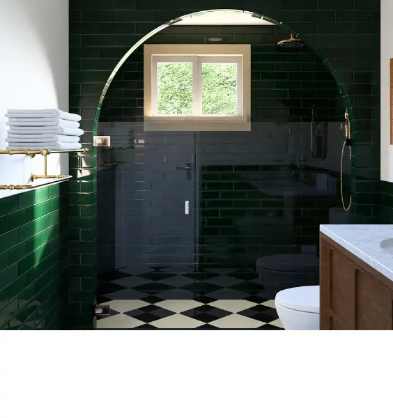 green tile shower checkerboard floor from NU Curations project