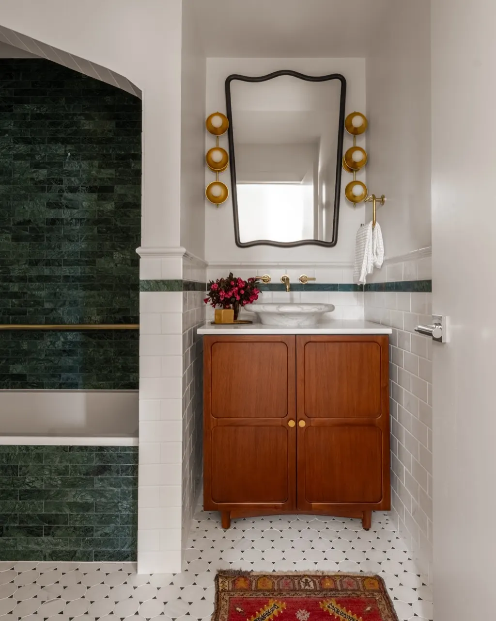 NU Curations interior styling detail featuring bathroom green marble wood vanity