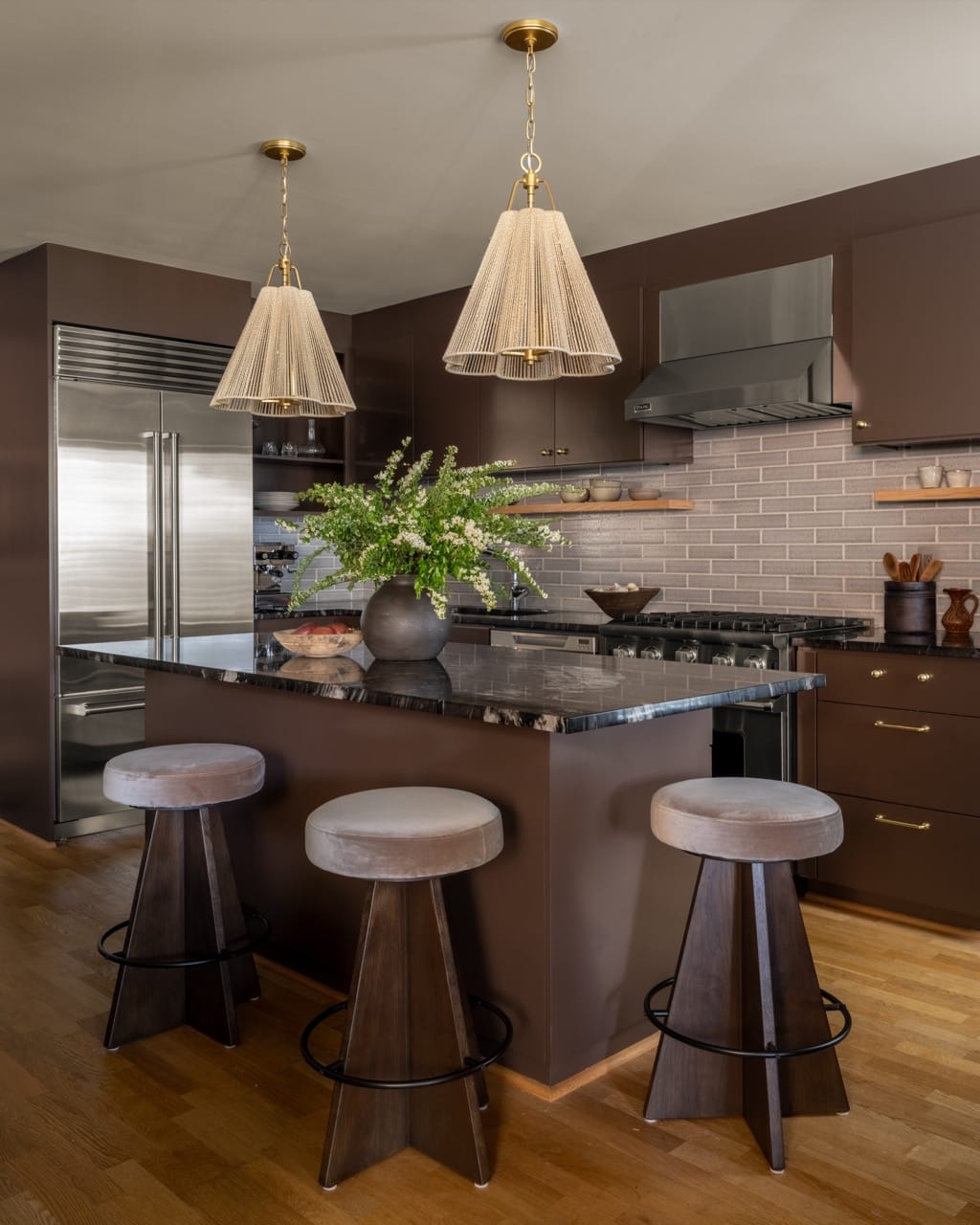 NU Curations project detail with kitchen island woven pendants